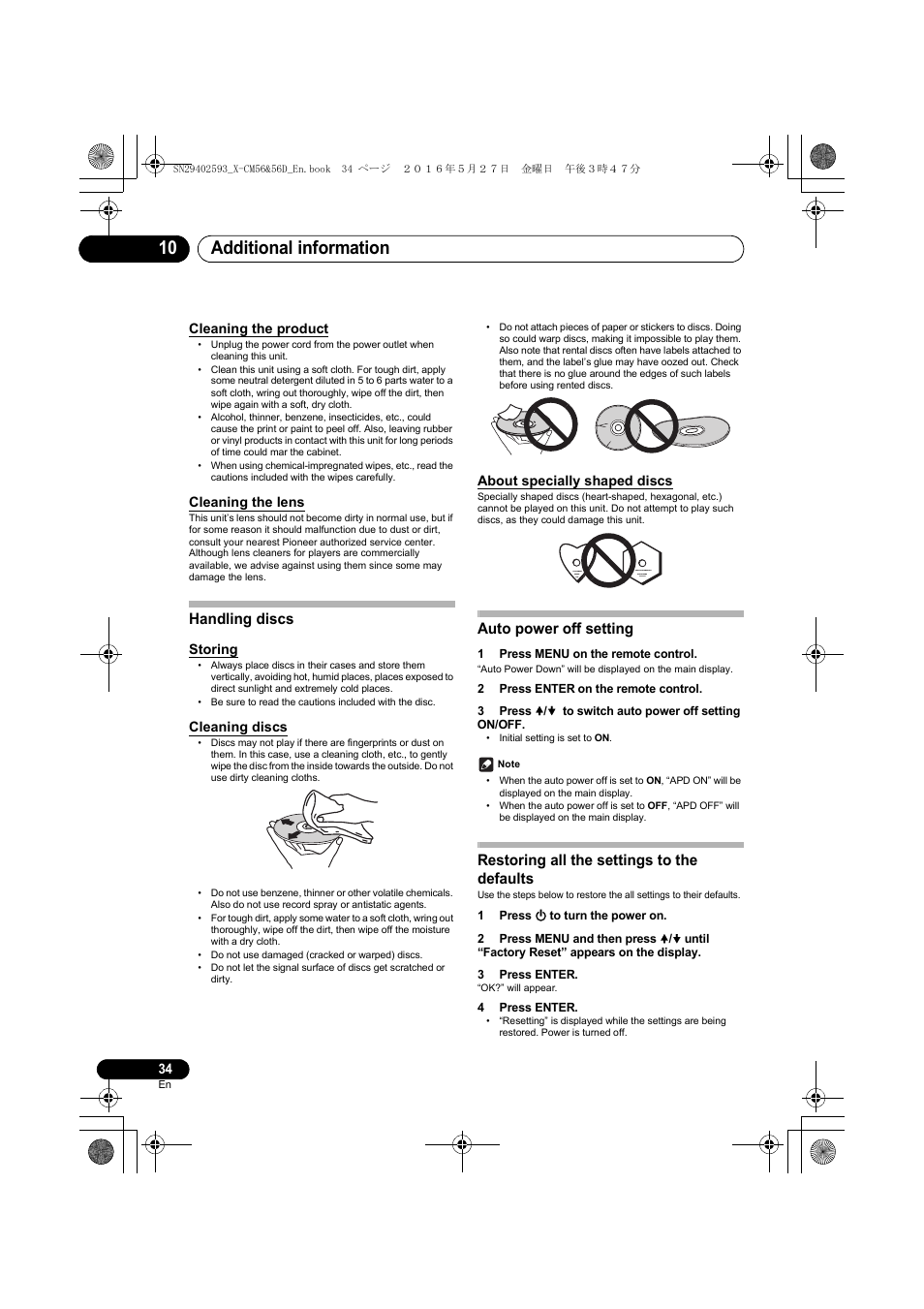 Additional information 10, Handling discs, Auto power off setting | Restoring all the settings to the defaults, Cleaning the product, Cleaning the lens, Storing, Cleaning discs, About specially shaped discs | Pioneer X-CM56 User Manual | Page 34 / 244