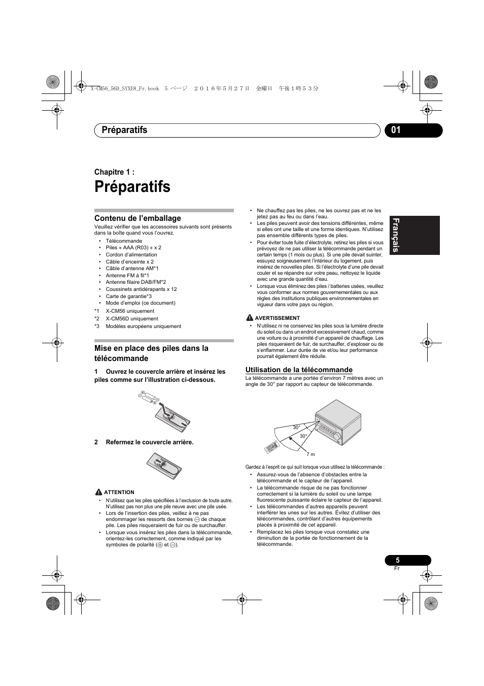 Préparatifs, Préparatifs 01, Chapitre 1 | Contenu de l’emballage, Mise en place des piles dans la télécommande | Pioneer X-CM56 User Manual | Page 39 / 244
