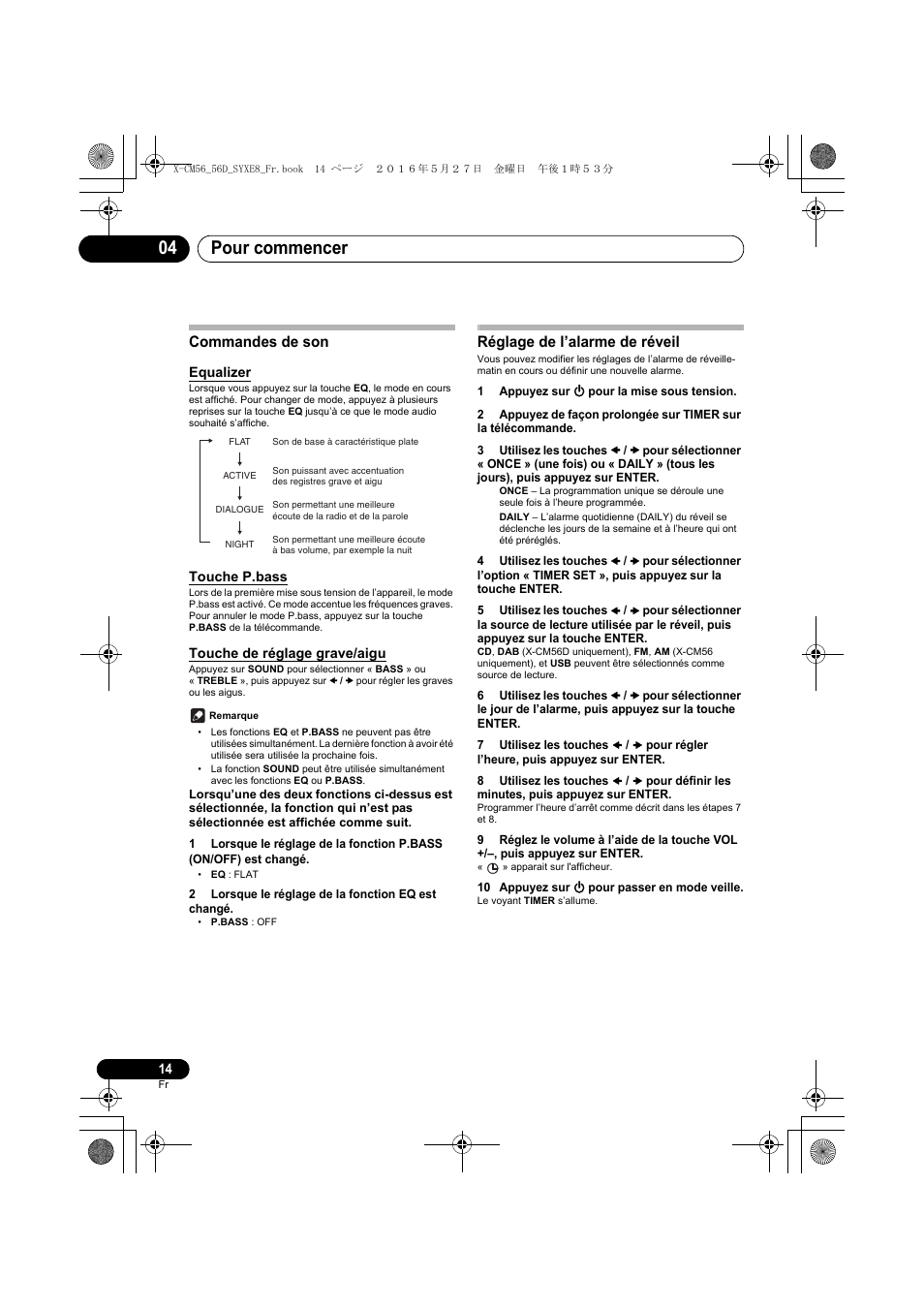 Pour commencer 04, Commandes de son, Réglage de l’alarme de réveil | Pioneer X-CM56 User Manual | Page 48 / 244