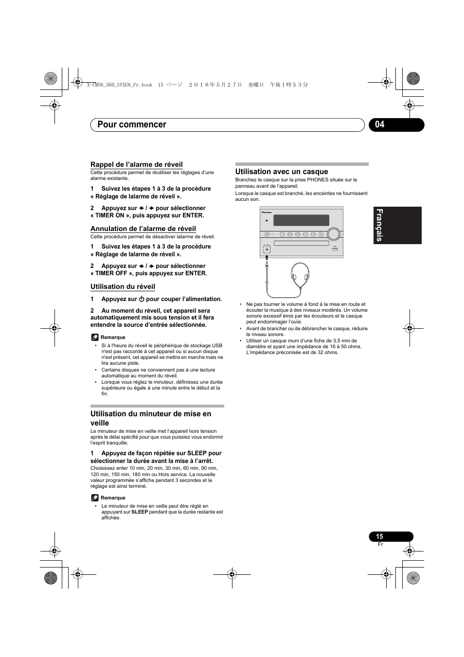 Pour commencer 04, Utilisation du minuteur de mise en veille, Utilisation avec un casque | Pioneer X-CM56 User Manual | Page 49 / 244