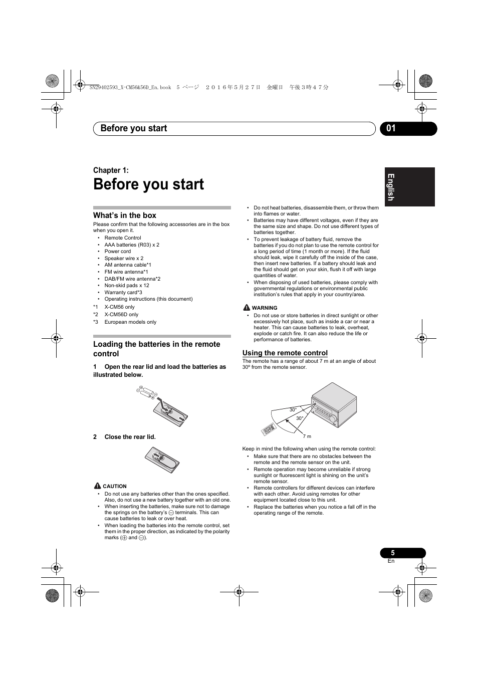 Before you start, Before you start 01, English français español | Chapter 1, What’s in the box, Loading the batteries in the remote control, Using the remote control | Pioneer X-CM56 User Manual | Page 5 / 244