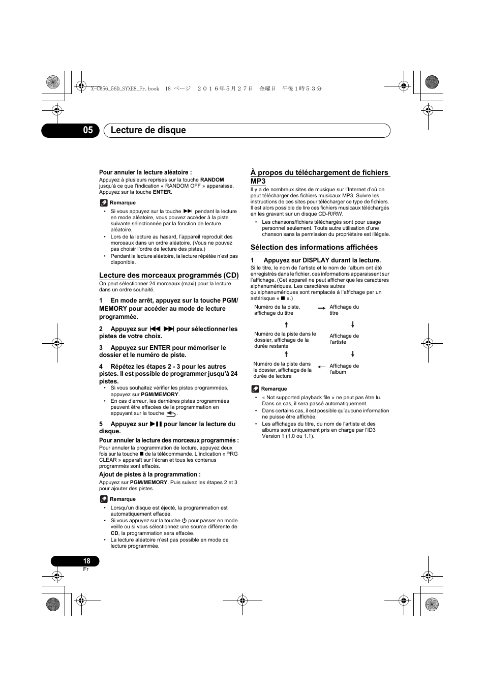 Lecture de disque 05, Lecture des morceaux programmés (cd), À propos du téléchargement de fichiers mp3 | Sélection des informations affichées | Pioneer X-CM56 User Manual | Page 52 / 244