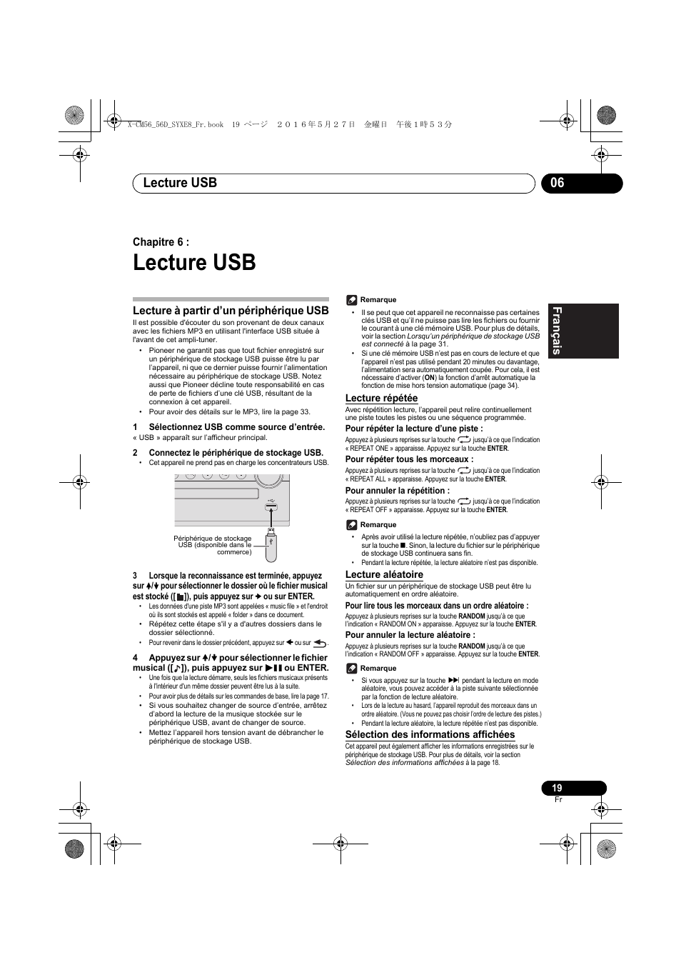 Lecture usb, Lecture usb 06, Chapitre 6 | Lecture à partir d’un périphérique usb, Lecture répétée, Lecture aléatoire, Sélection des informations affichées | Pioneer X-CM56 User Manual | Page 53 / 244