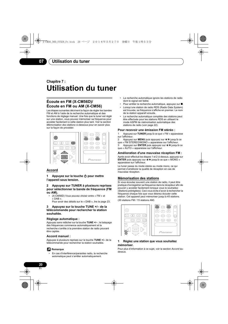 Utilisation du tuner, Utilisation du tuner 07, Chapitre 7 | Pioneer X-CM56 User Manual | Page 54 / 244