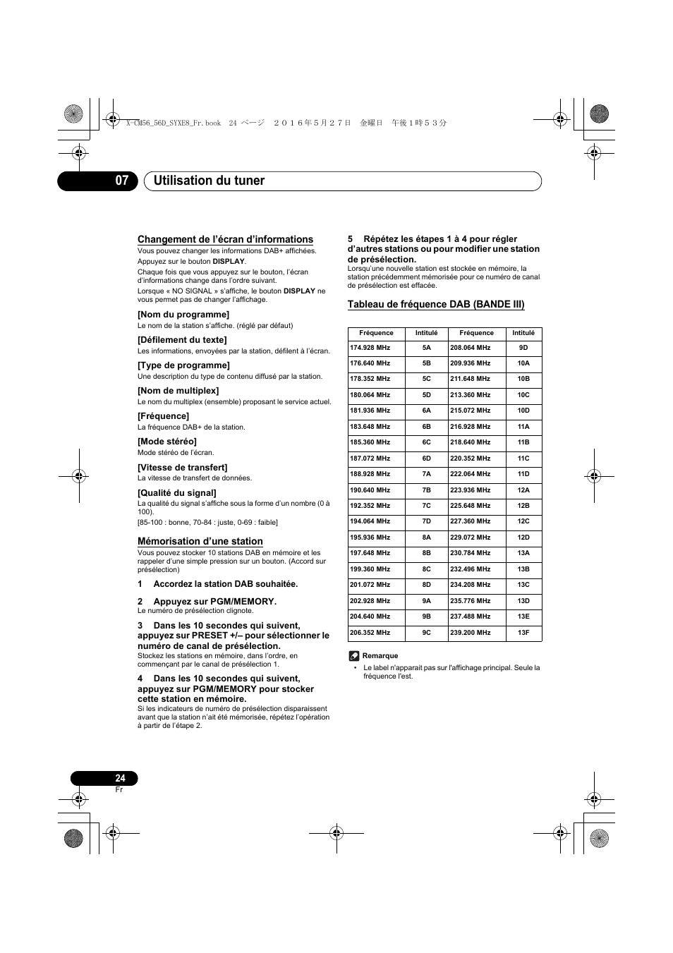 Utilisation du tuner 07, Changement de l’écran d’informations, Mémorisation d’une station | Tableau de fréquence dab (bande iii), Nom du programme, Défilement du texte, Type de programme, Nom de multiplex, Fréquence, Mode stéréo | Pioneer X-CM56 User Manual | Page 58 / 244