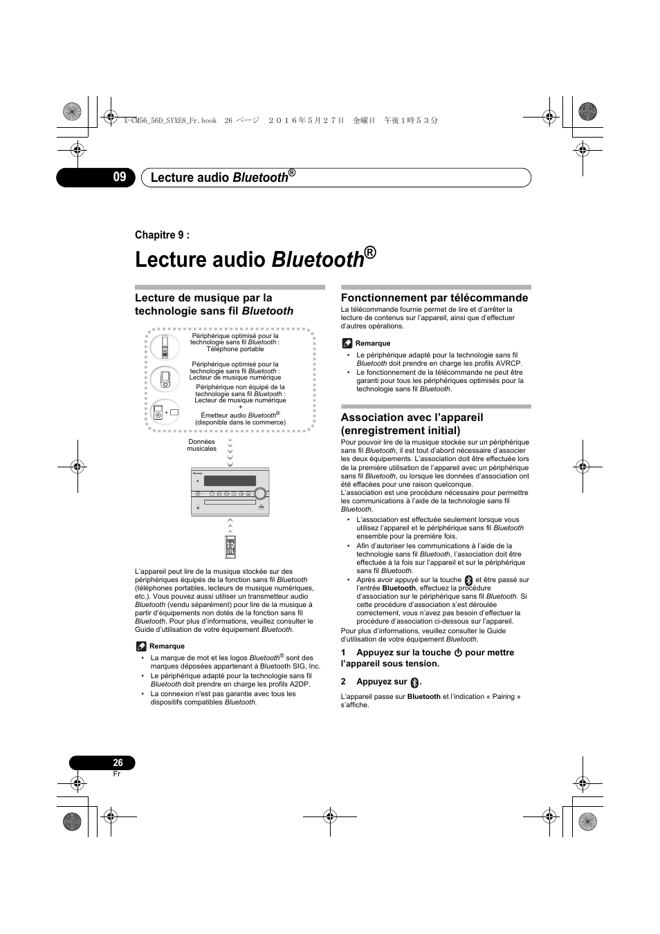 Lecture audio bluetooth, Chapitre 9, Fonctionnement par télécommande | Pioneer X-CM56 User Manual | Page 60 / 244