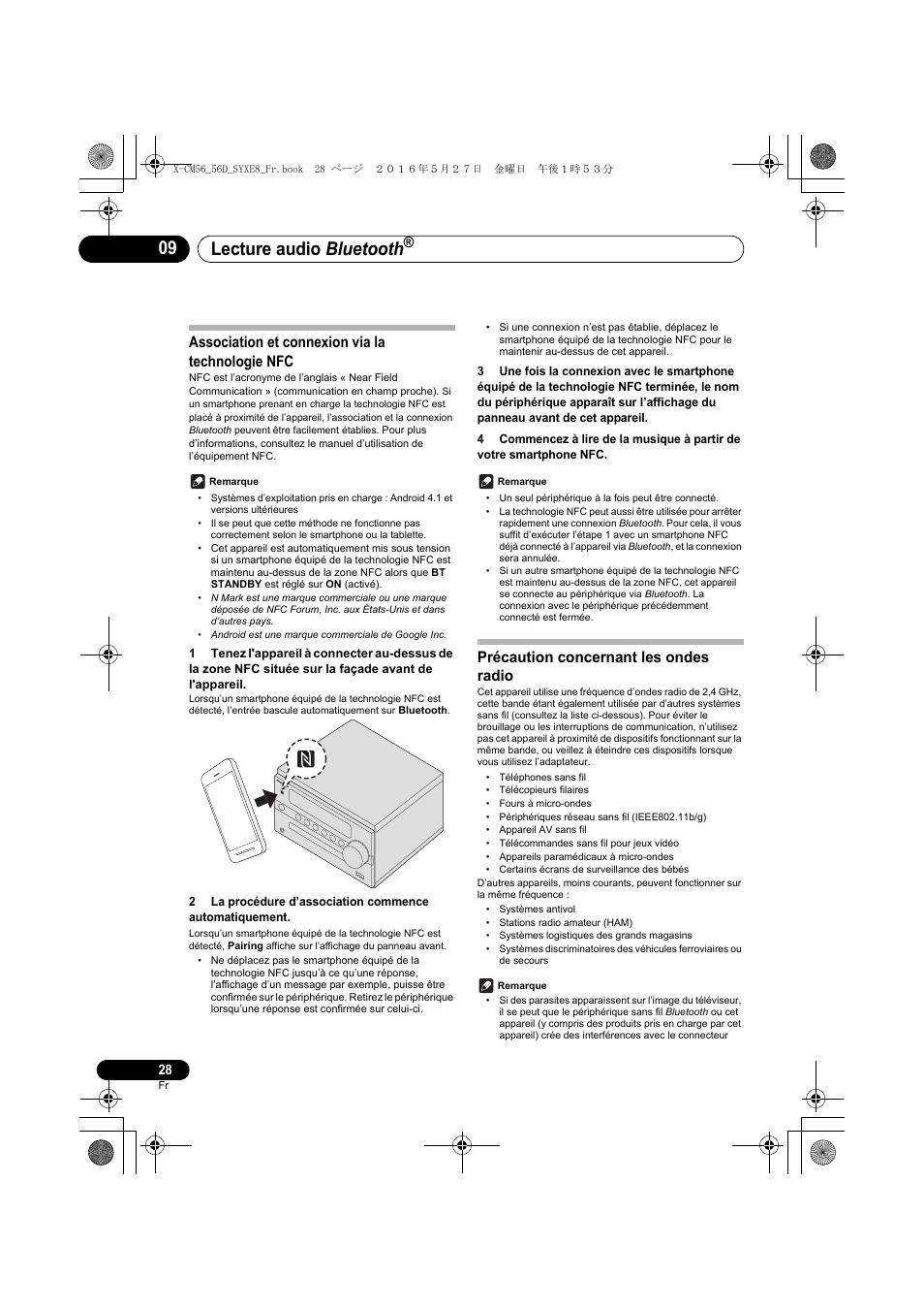 Lecture audio bluetooth, Association et connexion via la technologie nfc, Précaution concernant les ondes radio | Pioneer X-CM56 User Manual | Page 62 / 244