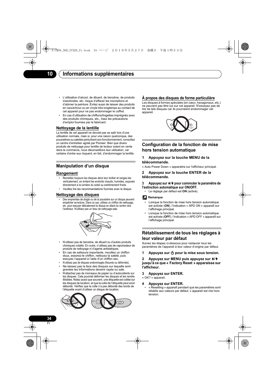 Informations supplémentaires 10, Manipulation d’un disque, Nettoyage de la lentille | Rangement, Nettoyage des disques, À propos des disques de forme particulière | Pioneer X-CM56 User Manual | Page 68 / 244