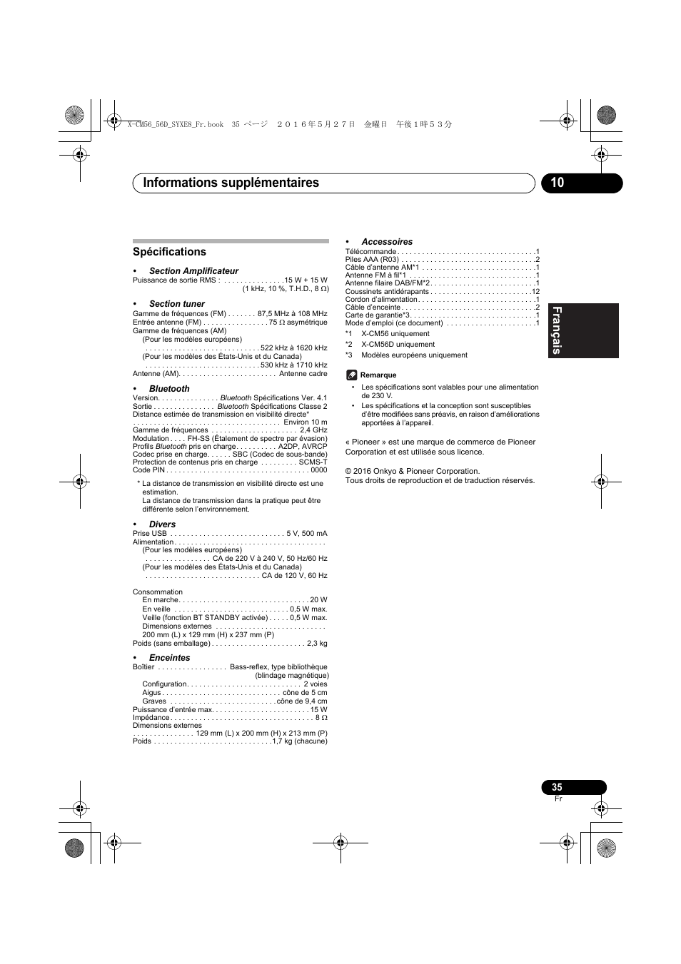 Informations supplémentaires 10, Spécifications | Pioneer X-CM56 User Manual | Page 69 / 244