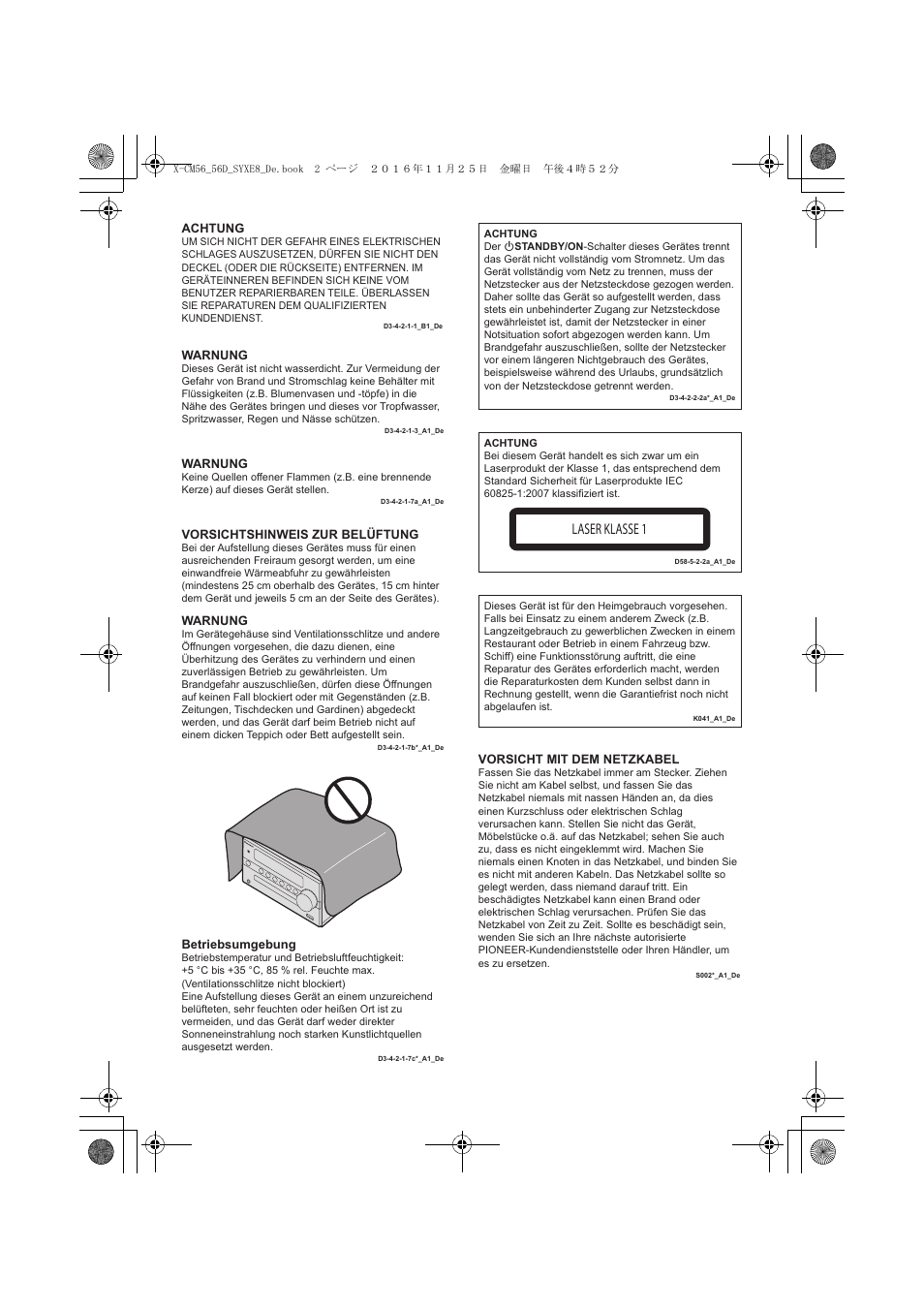 Laser klasse 1, Achtung, Warnung | Vorsichtshinweis zur belüftung, Betriebsumgebung, Vorsicht mit dem netzkabel | Pioneer X-CM56 User Manual | Page 70 / 244