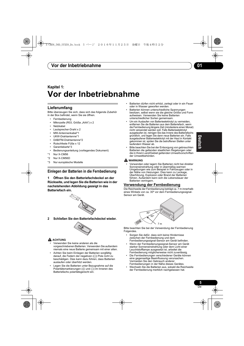 Vor der inbetriebnahme, Vor der inbetriebnahme 01, Kapitel 1 | Lieferumfang, Einlegen der batterien in die fernbedienung, Verwendung der fernbedienung | Pioneer X-CM56 User Manual | Page 73 / 244