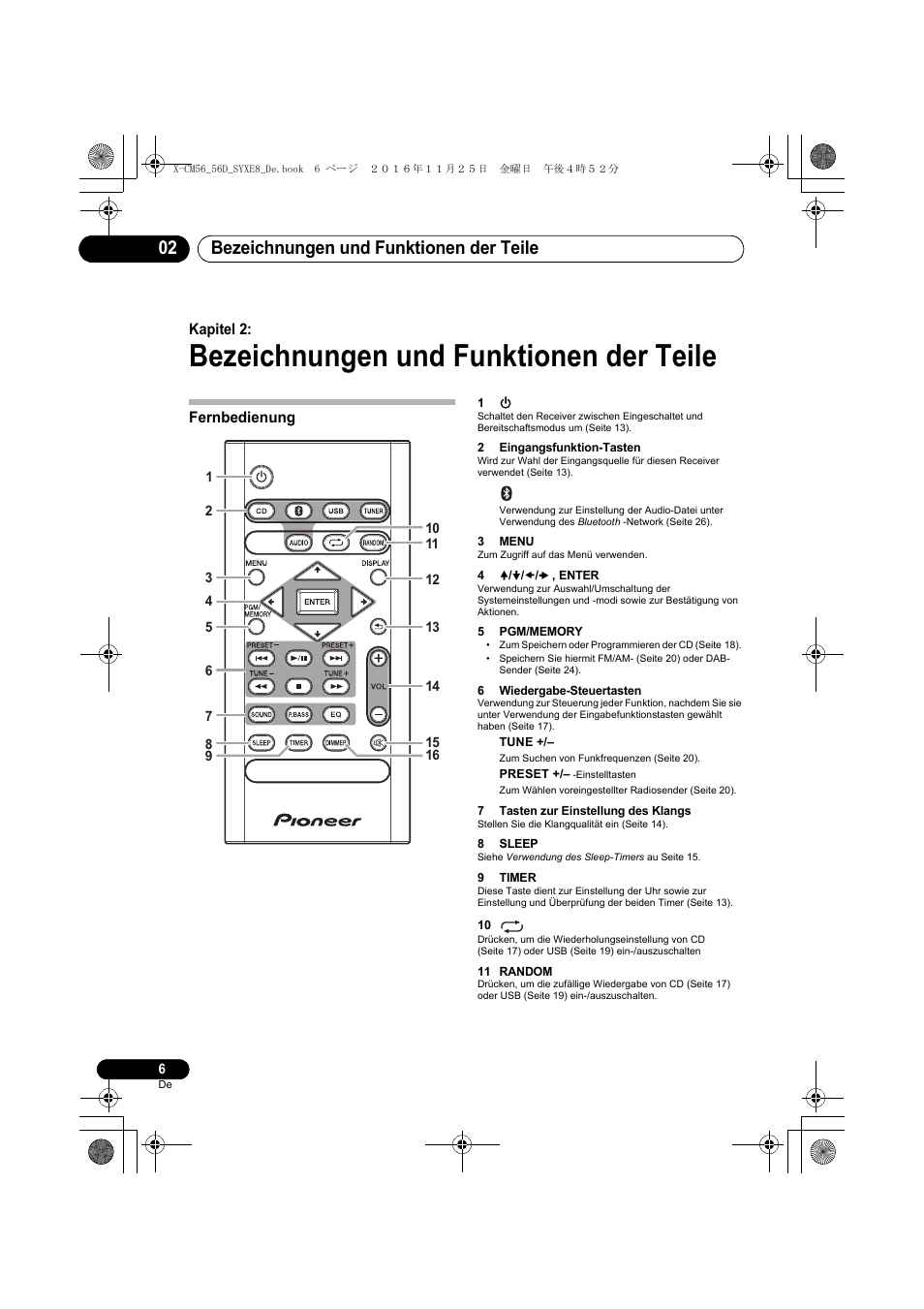 Bezeichnungen und funktionen der teile, Bezeichnungen und funktionen der teile 02, Kapitel 2 | Fernbedienung | Pioneer X-CM56 User Manual | Page 74 / 244