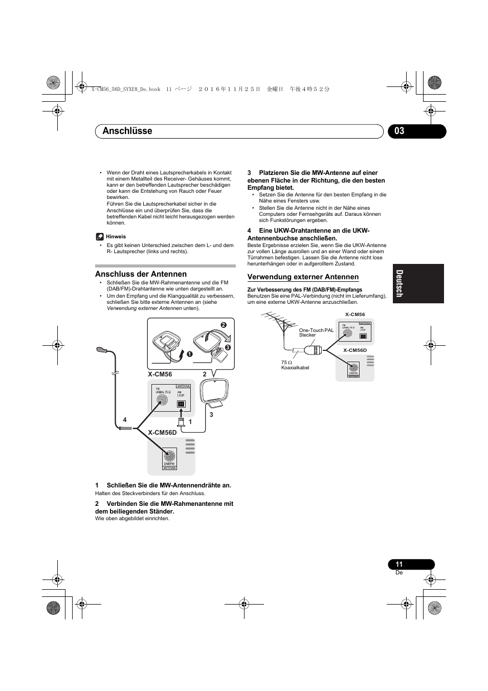 Anschlüsse 03, Anschluss der antennen | Pioneer X-CM56 User Manual | Page 79 / 244