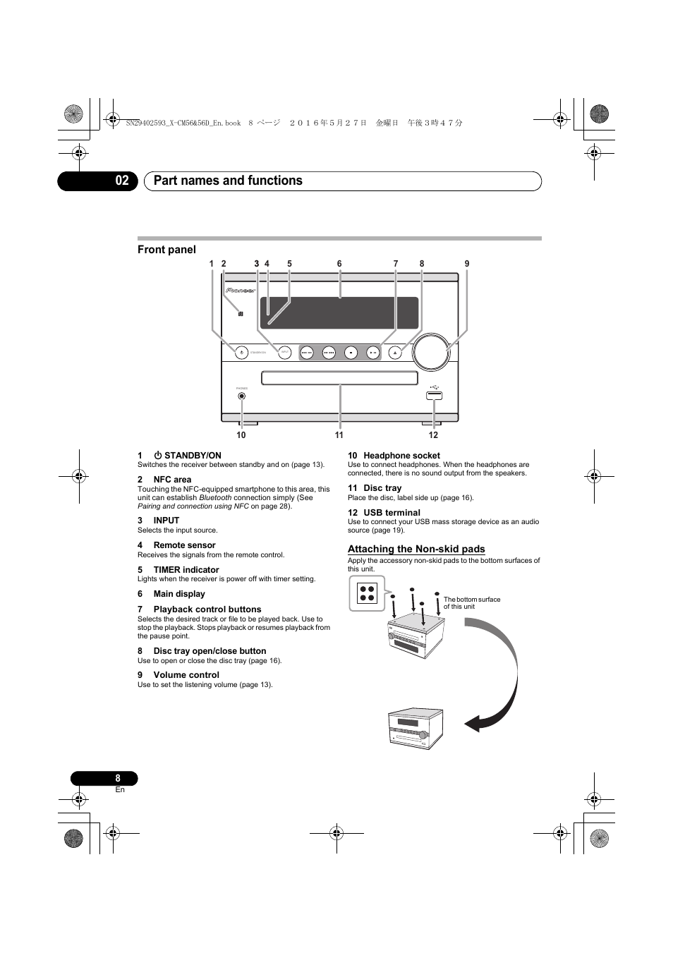 Part names and functions 02, Front panel | Pioneer X-CM56 User Manual | Page 8 / 244