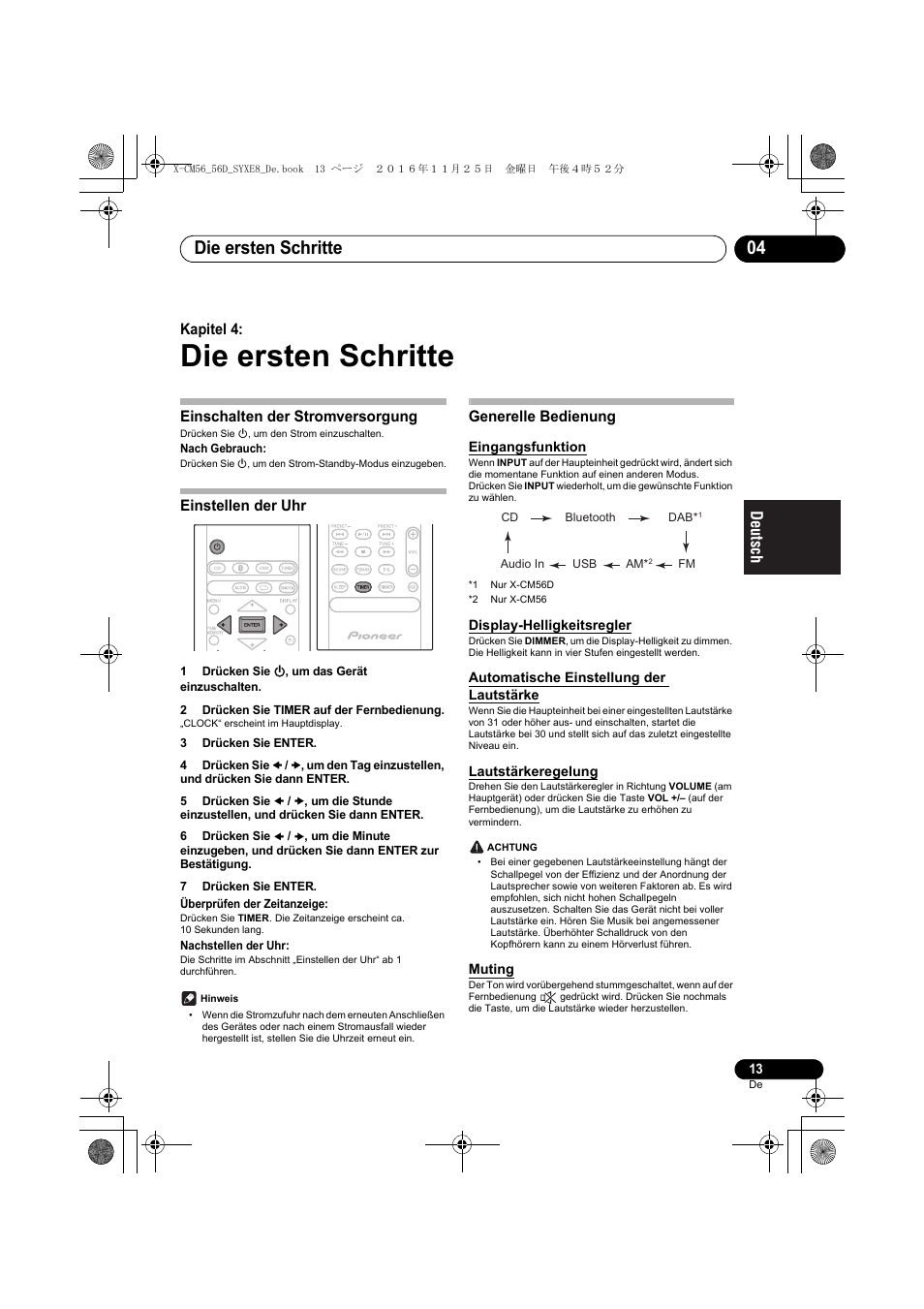 Die ersten schritte, Die ersten schritte 04, Kapitel 4 | Einschalten der stromversorgung, Einstellen der uhr, Generelle bedienung | Pioneer X-CM56 User Manual | Page 81 / 244