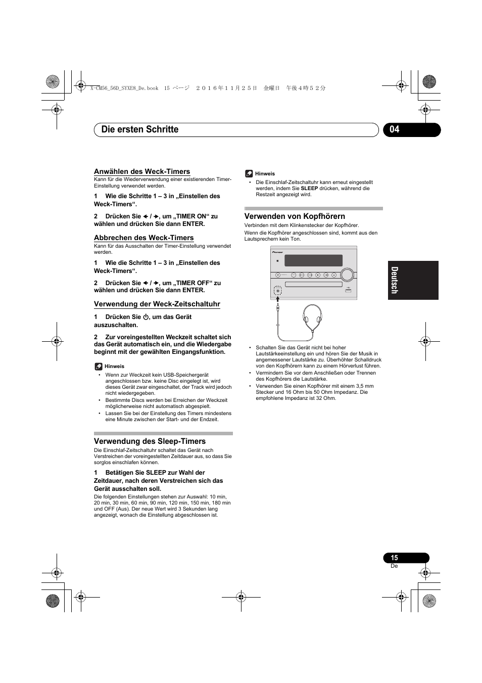 Die ersten schritte 04, Verwendung des sleep-timers, Verwenden von kopfhörern | Pioneer X-CM56 User Manual | Page 83 / 244