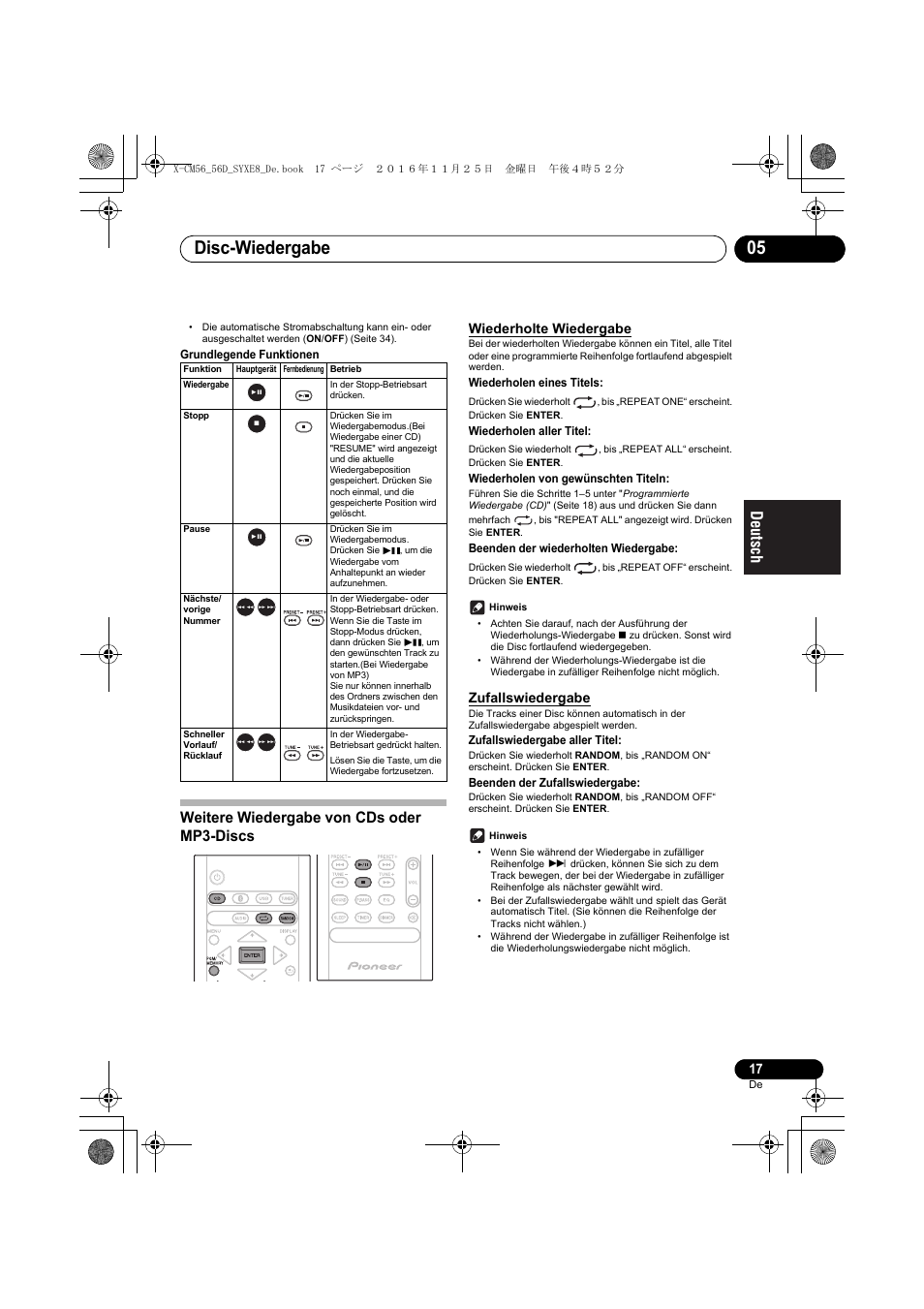 Disc-wiedergabe 05, Weitere wiedergabe von cds oder mp3-discs, Wiederholte wiedergabe | Zufallswiedergabe | Pioneer X-CM56 User Manual | Page 85 / 244