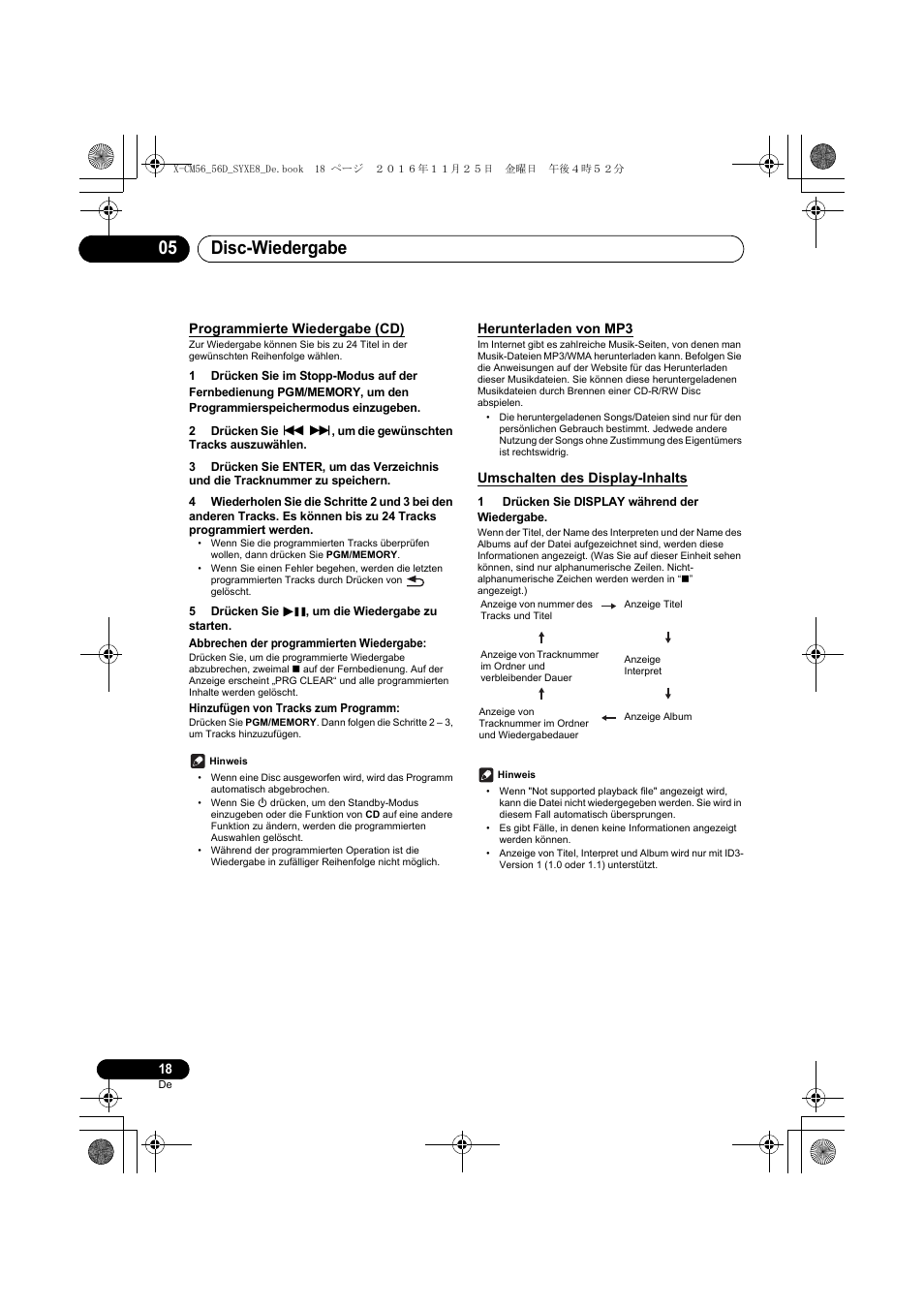 Disc-wiedergabe 05, Programmierte wiedergabe (cd), Herunterladen von mp3 | Umschalten des display-inhalts | Pioneer X-CM56 User Manual | Page 86 / 244
