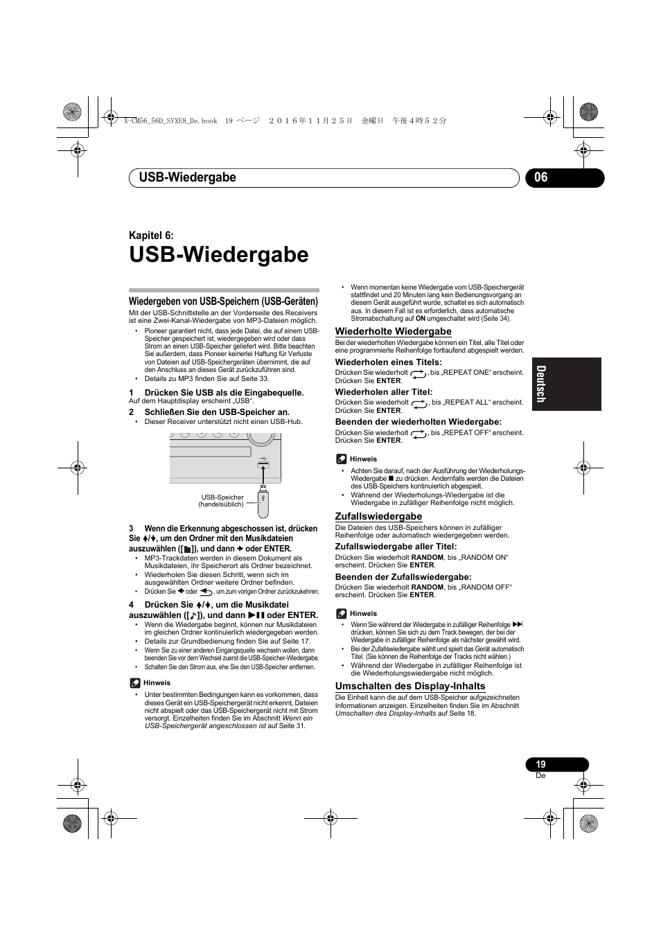 Usb-wiedergabe, Usb-wiedergabe 06, Kapitel 6 | Wiedergeben von usb-speichern (usb-geräten), Wiederholte wiedergabe, Zufallswiedergabe, Umschalten des display-inhalts | Pioneer X-CM56 User Manual | Page 87 / 244