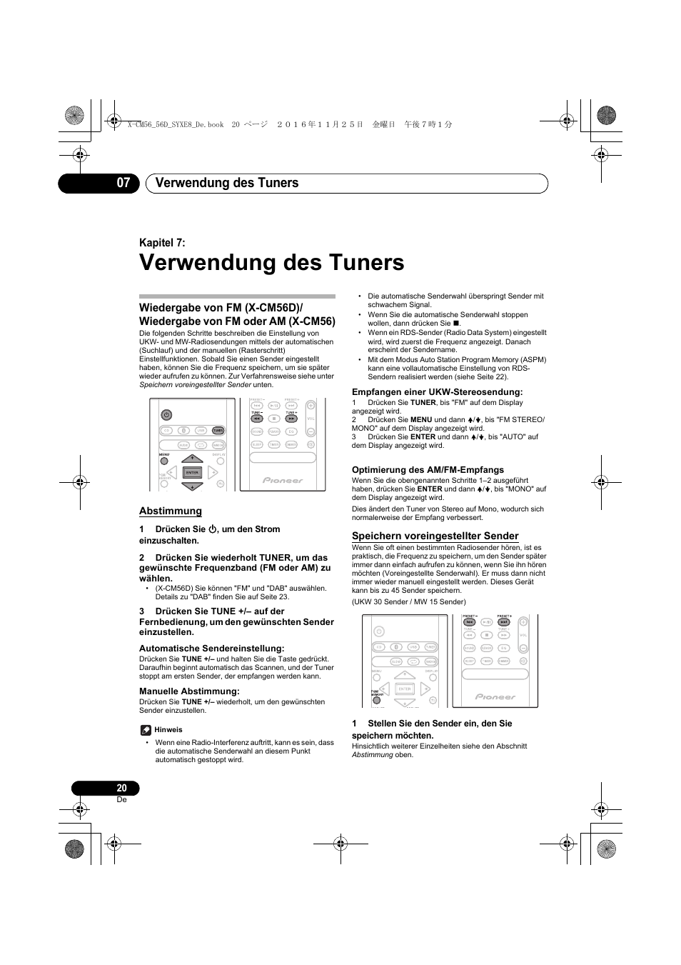 Verwendung des tuners, Verwendung des tuners 07, Kapitel 7 | Pioneer X-CM56 User Manual | Page 88 / 244