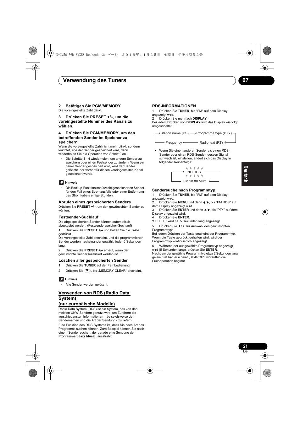 Verwendung des tuners 07 | Pioneer X-CM56 User Manual | Page 89 / 244