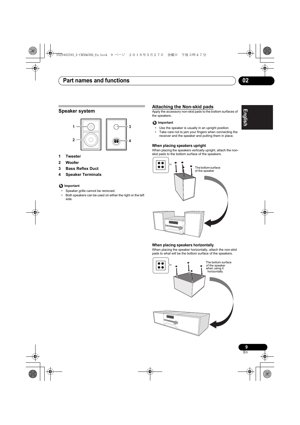 Part names and functions 02, English français español, Speaker system | Pioneer X-CM56 User Manual | Page 9 / 244