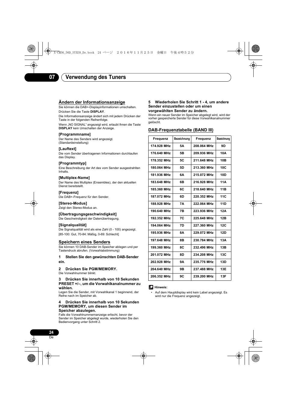 Verwendung des tuners 07, Ändern der informationsanzeige, Speichern eines senders | Dab-frequenztabelle (band iii) | Pioneer X-CM56 User Manual | Page 92 / 244