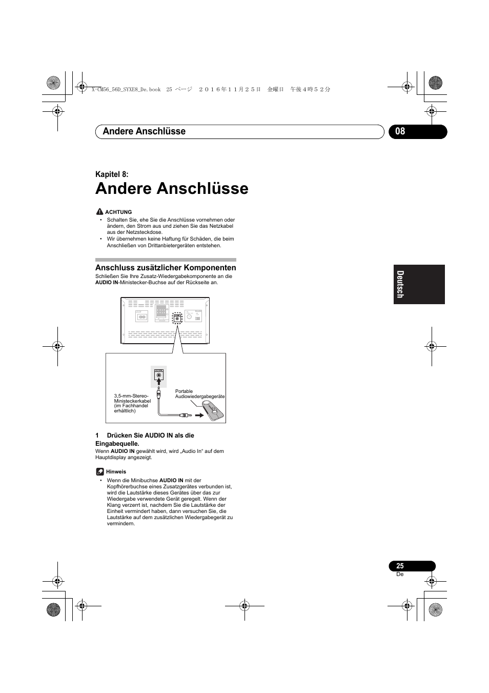 Andere anschlüsse, Andere anschlüsse 08, Kapitel 8 | Anschluss zusätzlicher komponenten | Pioneer X-CM56 User Manual | Page 93 / 244