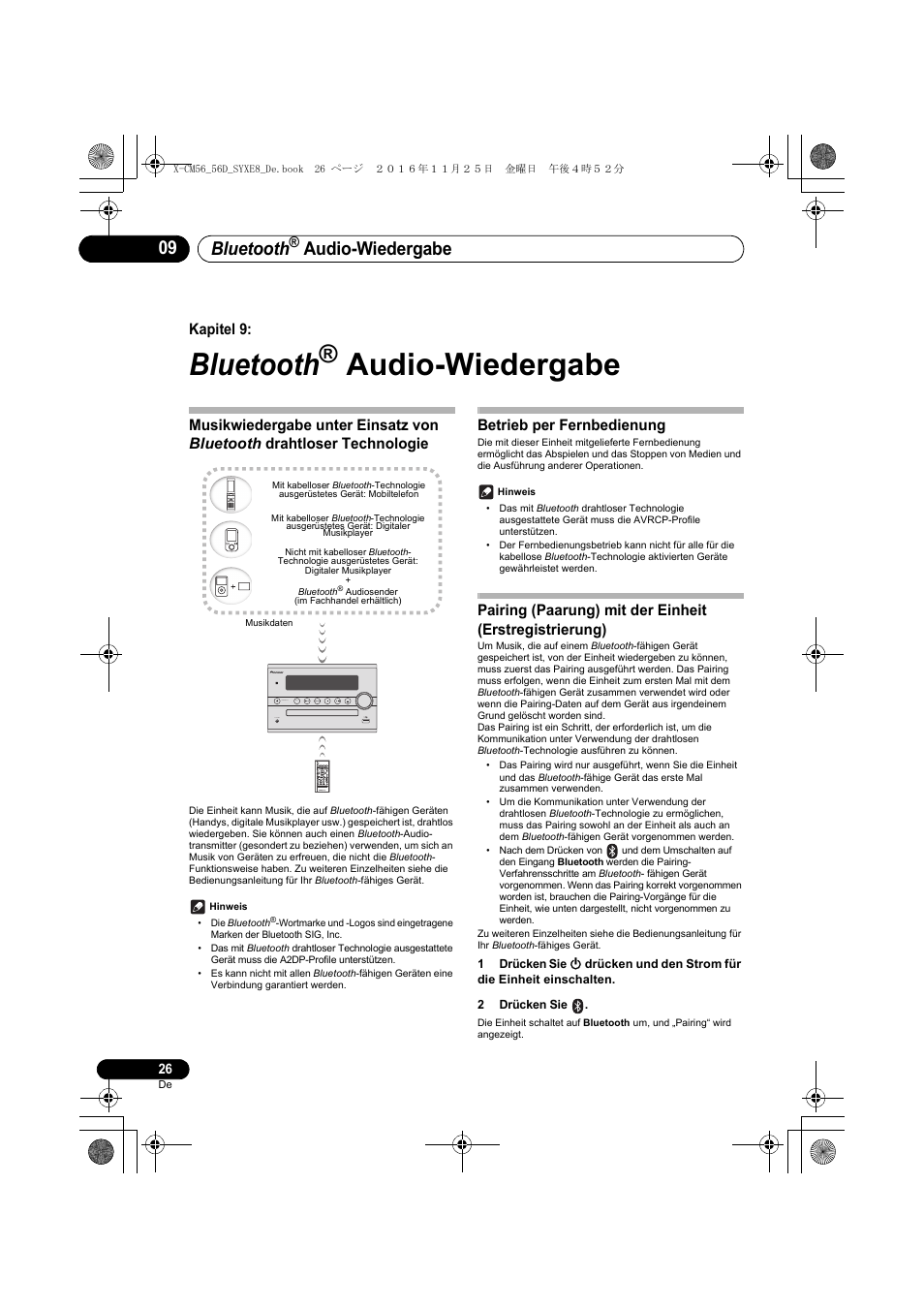 Bluetooth, Audio-wiedergabe, Kapitel 9 | Betrieb per fernbedienung | Pioneer X-CM56 User Manual | Page 94 / 244