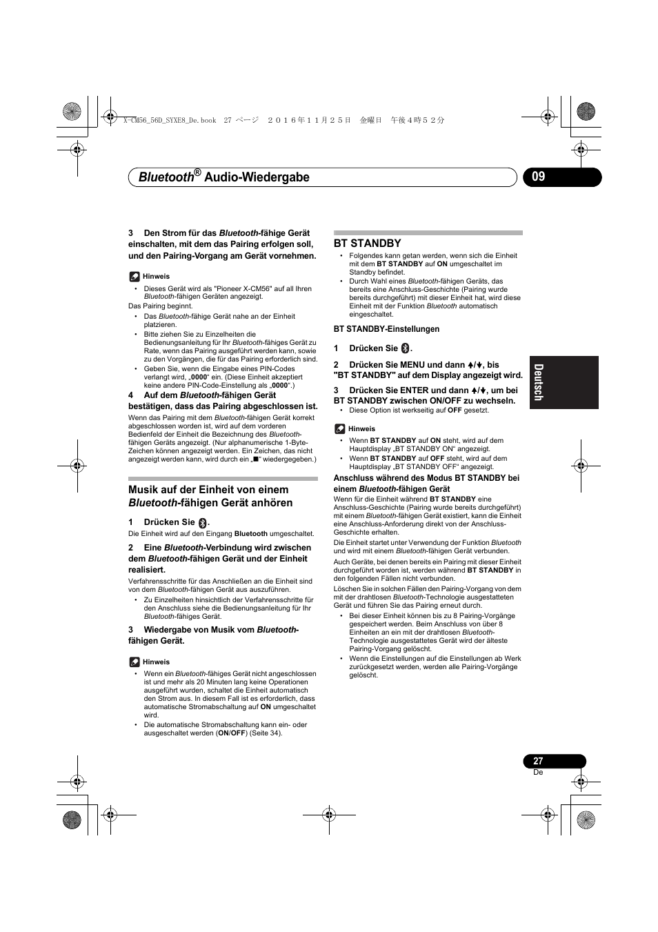 Bluetooth, Audio-wiedergabe, Bt standby | Pioneer X-CM56 User Manual | Page 95 / 244