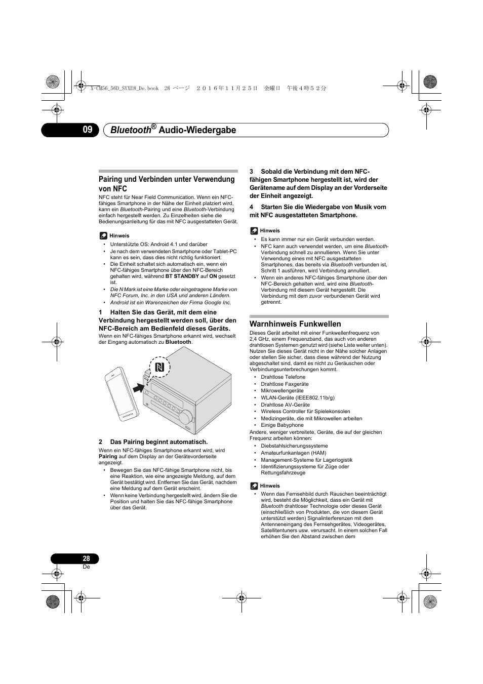 Bluetooth, Audio-wiedergabe, Pairing und verbinden unter verwendung von nfc | Warnhinweis funkwellen | Pioneer X-CM56 User Manual | Page 96 / 244