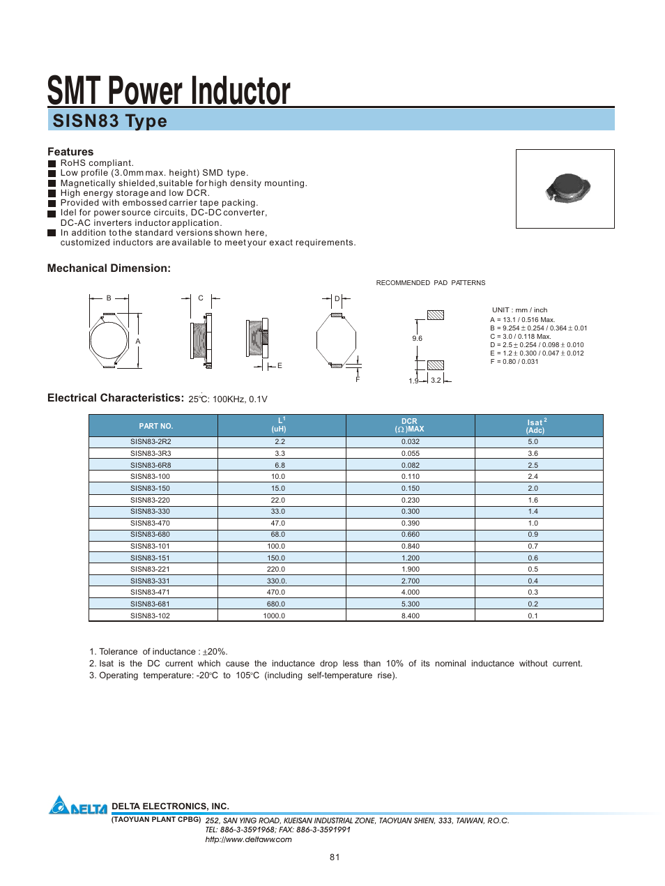 Delta Electronics SMT Power Inductor SISN83 User Manual | 1 page