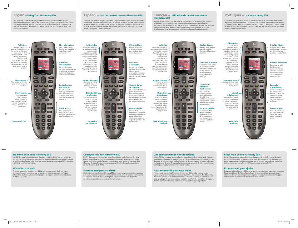 English, Español, Français | Português | Logitech Harmony 650 User Manual | Page 2 / 2