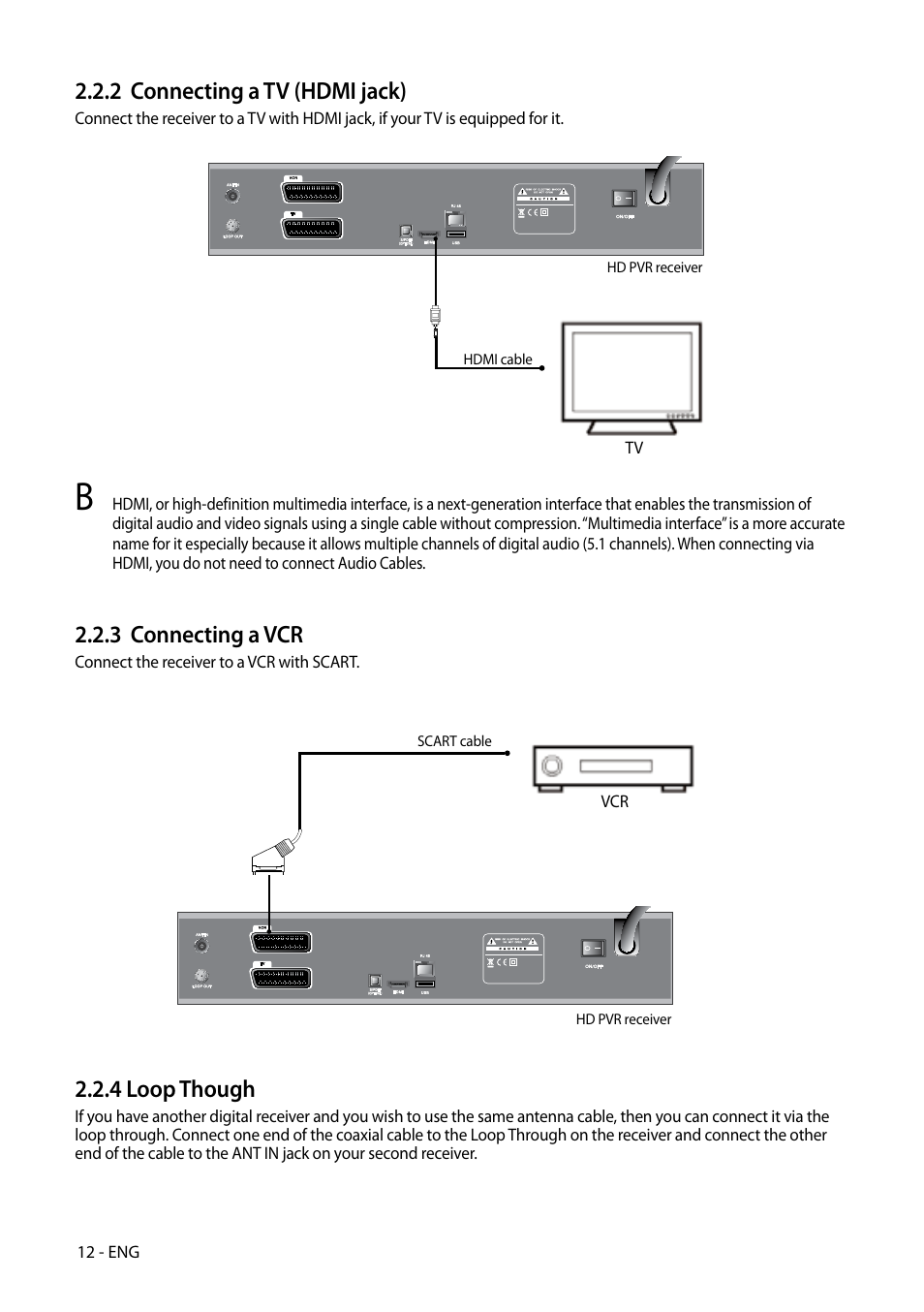 2 connecting a tv (hdmi jack), 3 connecting a vcr, 4 loop though | Kaon HD 3000 User Manual | Page 12 / 42