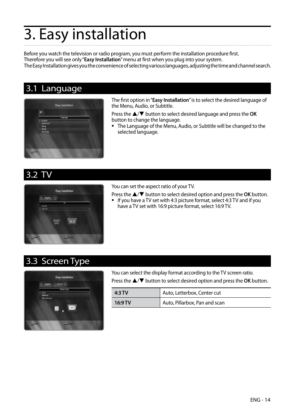 Easy installation, 1 language, 2 tv | 3 screen type | Kaon HD 3000 User Manual | Page 14 / 42