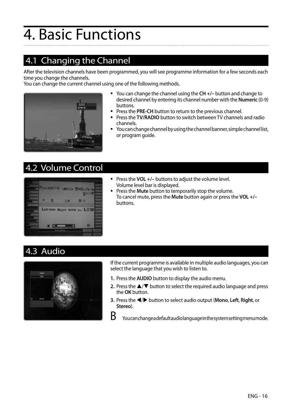 Basic functions, 1 changing the channel, 2 volume control | 3 audio | Kaon HD 3000 User Manual | Page 16 / 42