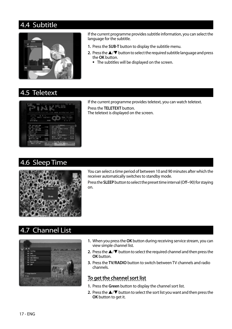 4 subtitle, 5 teletext, 6 sleep time | 7 channel list | Kaon HD 3000 User Manual | Page 17 / 42