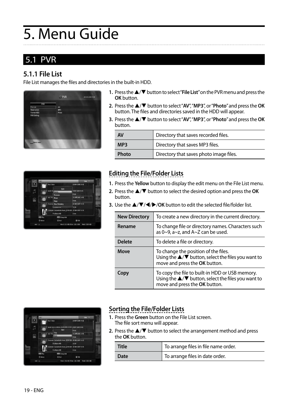 Menu guide, 1 pvr, 1 file list | Kaon HD 3000 User Manual | Page 19 / 42