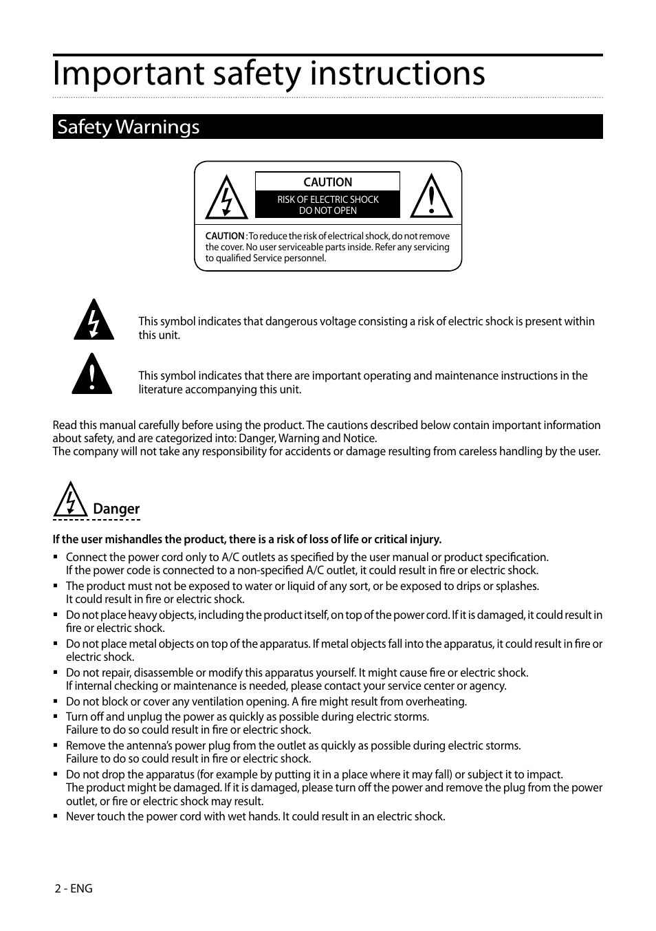 Important safety instructions, Safety warnings | Kaon HD 3000 User Manual | Page 2 / 42