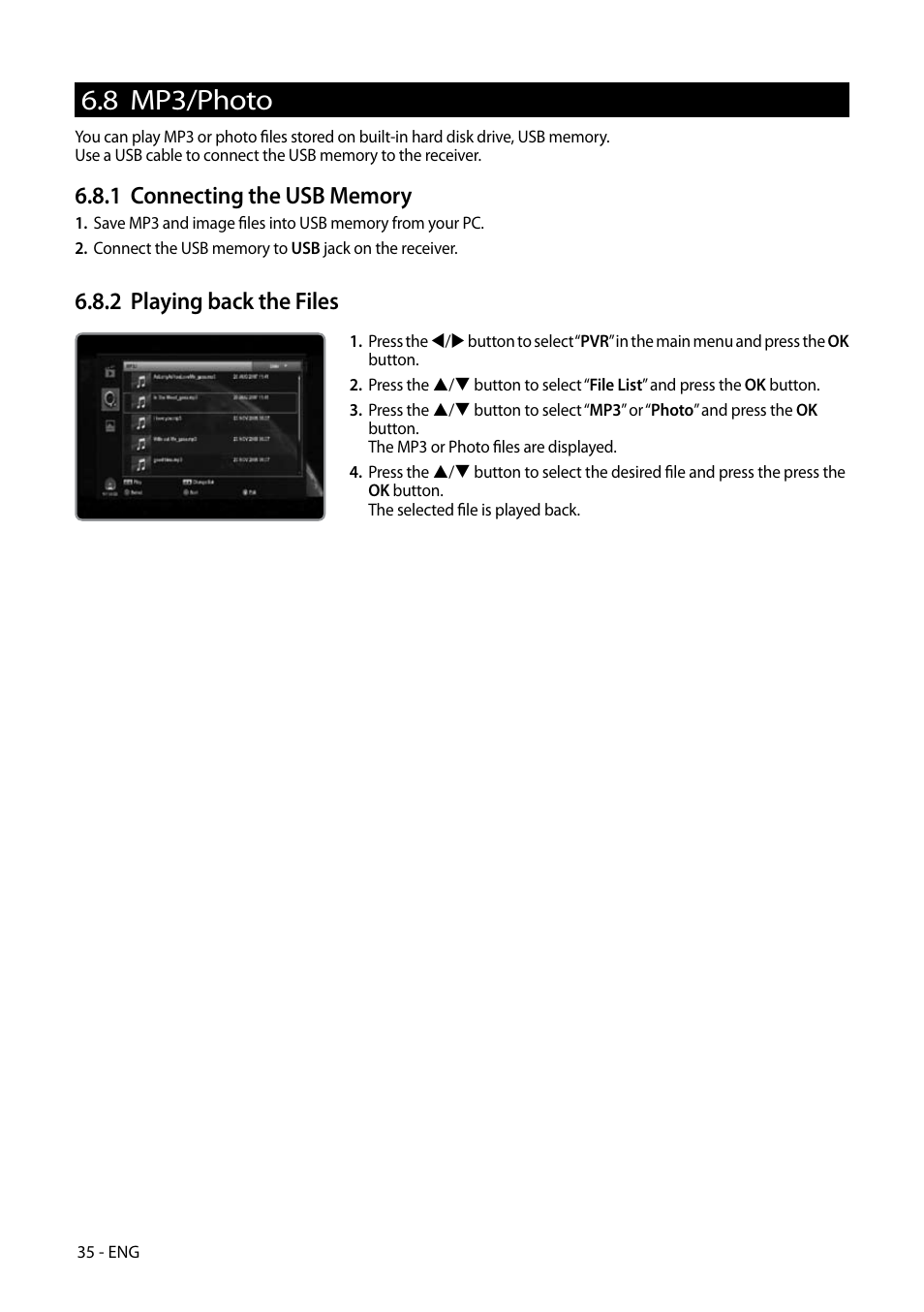 8 mp3/photo, 2 playing back the files | Kaon HD 3000 User Manual | Page 35 / 42