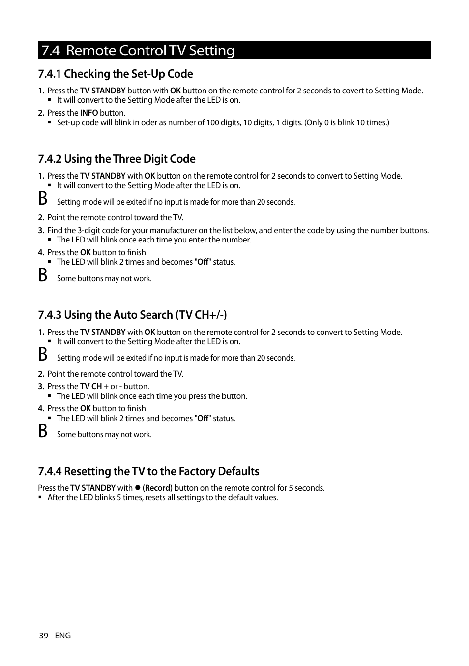 4 remote control tv setting, 1 checking the set-up code, 2 using the three digit code | 3 using the auto search (tv ch+/-), 4 resetting the tv to the factory defaults | Kaon HD 3000 User Manual | Page 39 / 42