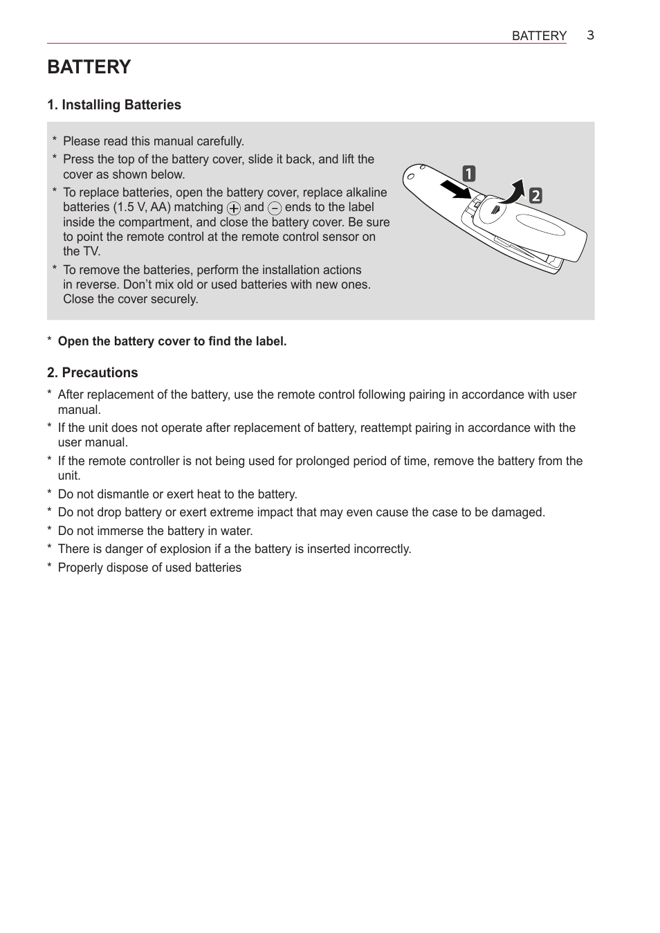 Battery, Installing batteries, Precautions | Battery 3, Installing batteries 3, Precautions 3 | LG AN-MR600 User Manual | Page 3 / 11