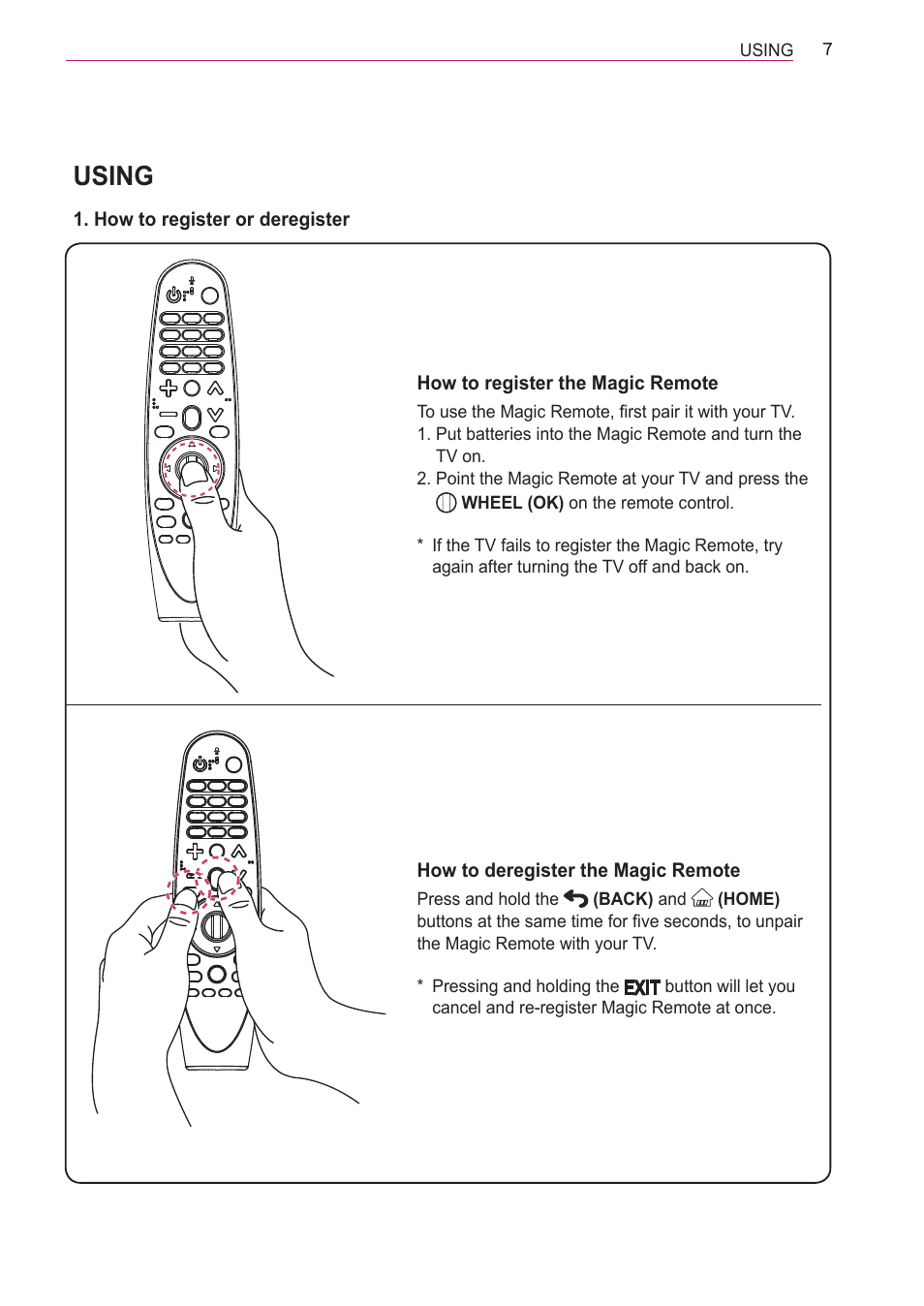 Using, How to register or deregister, Using 7 | LG AN-MR600 User Manual | Page 7 / 11