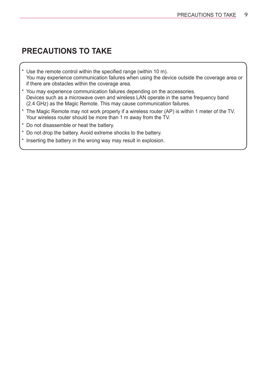 Precautions to take, Precautions to take 9 | LG AN-MR600 User Manual | Page 9 / 11