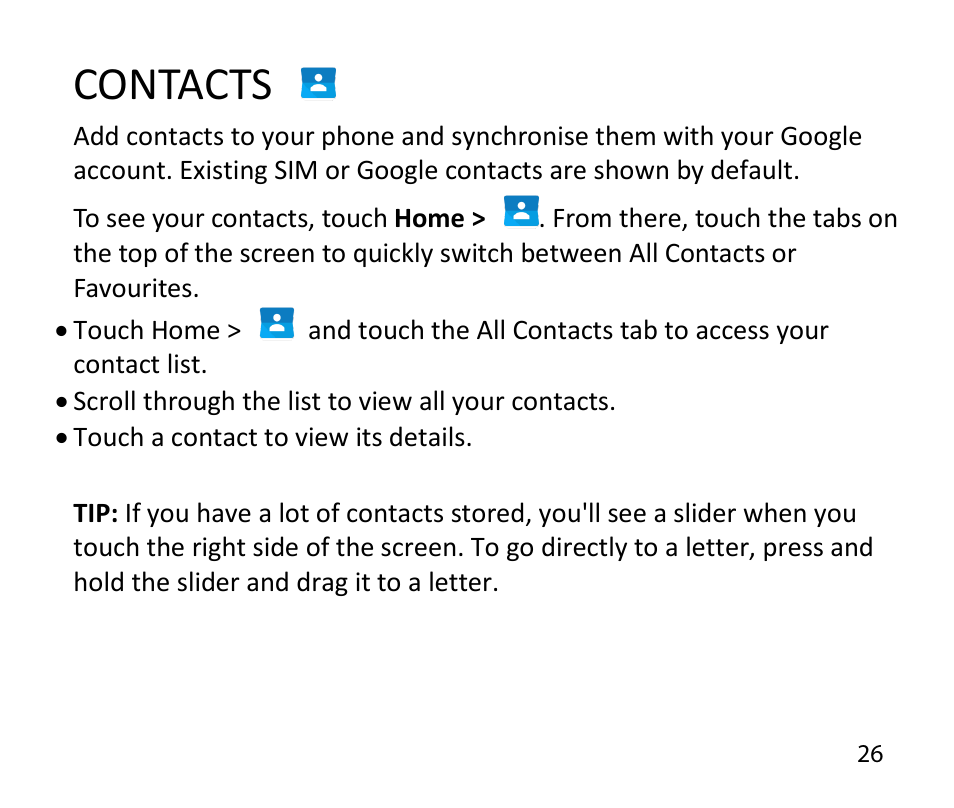 Contacts | ZTE T84/Telstra Tough Max User Manual | Page 26 / 67