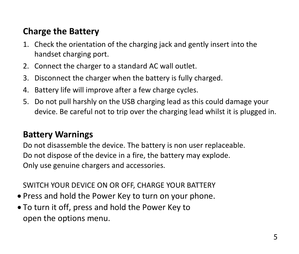 Charge the battery, Battery warnings | ZTE T84/Telstra Tough Max User Manual | Page 5 / 67
