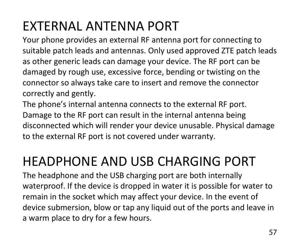 External antenna port, Headphone and usb charging port | ZTE T84/Telstra Tough Max User Manual | Page 57 / 67