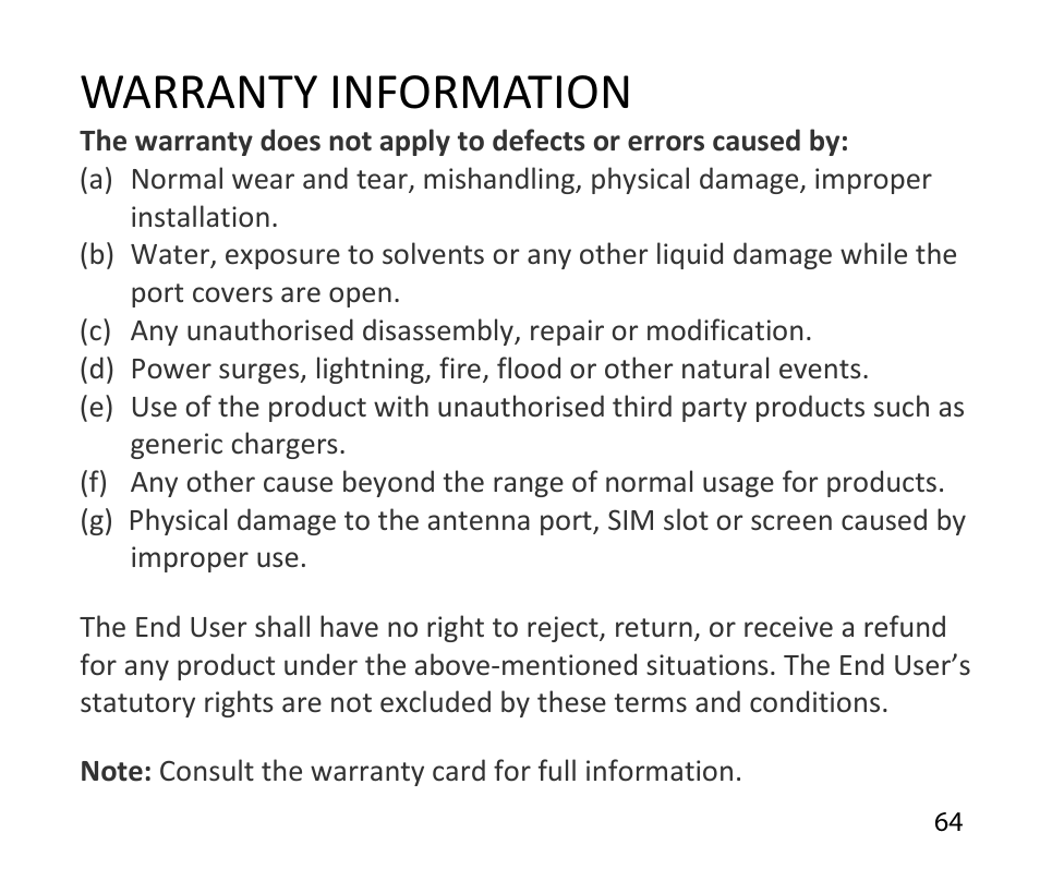 Warranty information | ZTE T84/Telstra Tough Max User Manual | Page 64 / 67