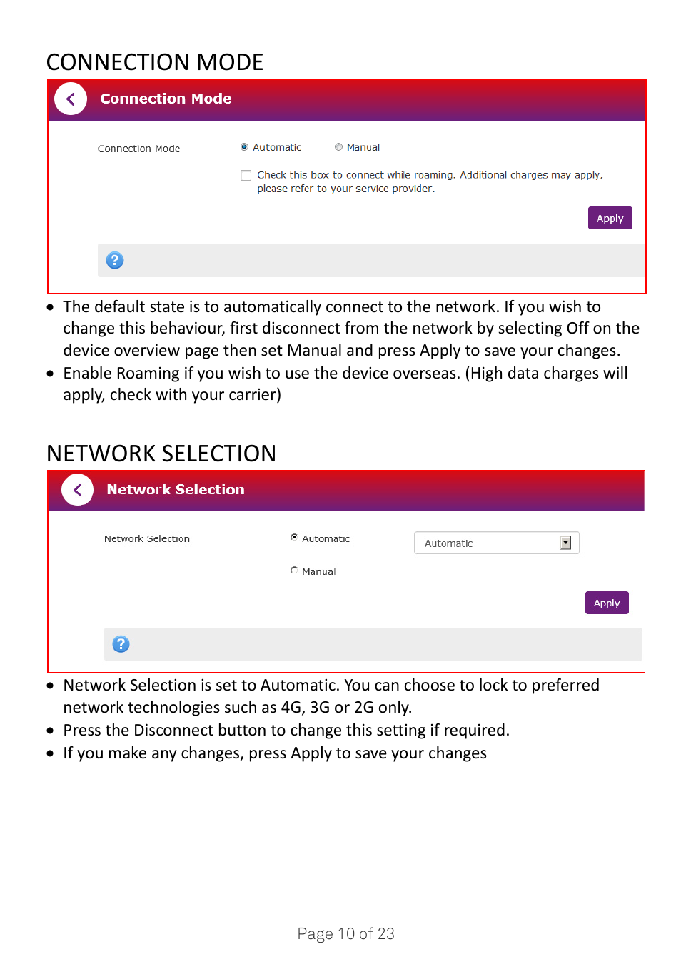 Connection mode, Network selection | ZTE MF920A User Manual | Page 10 / 23