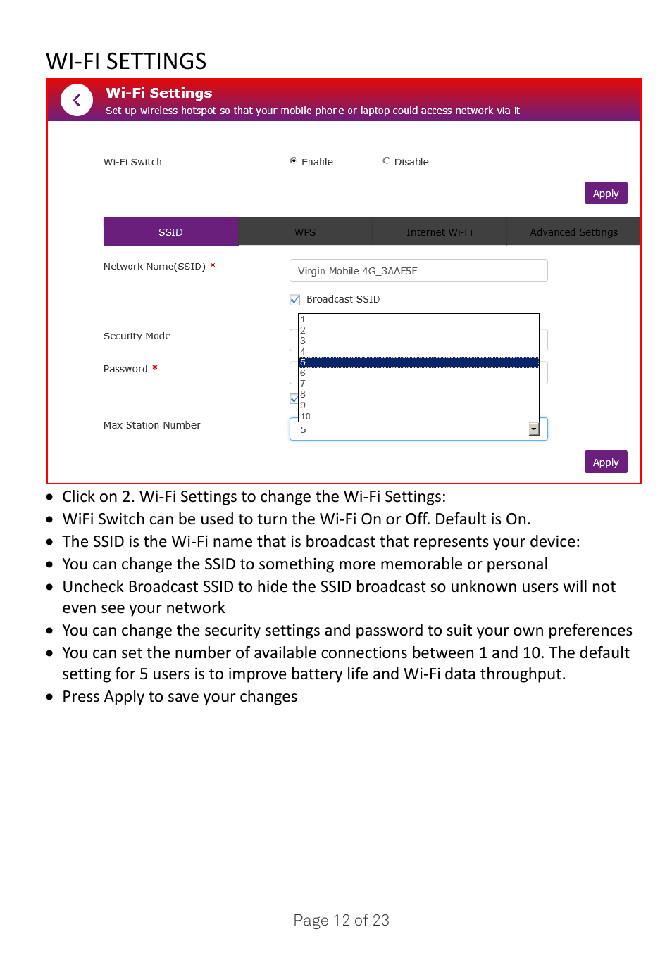 Wi-fi settings | ZTE MF920A User Manual | Page 12 / 23